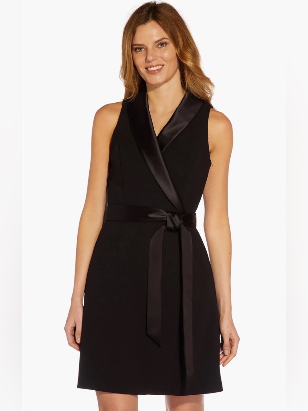 Adrianna Papell Black Satin Tuxedo Wrap Front Crepe Dress. Size 8. No belt.